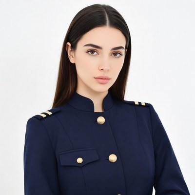 Woman in navy uniform jacket