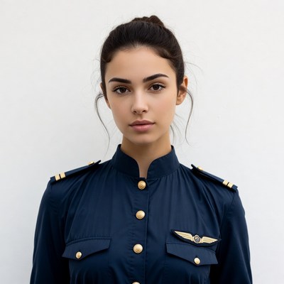 Woman in navy blue flight attendant uniform