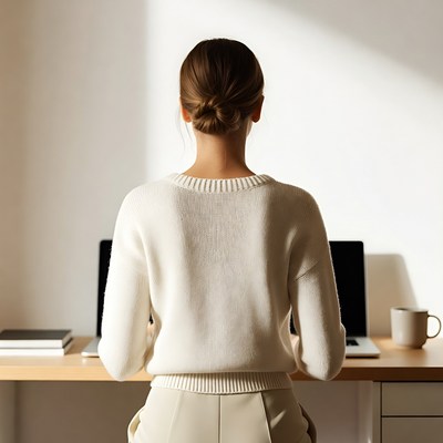Woman working at desk from behind