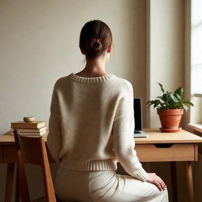 Woman working at desk from behind