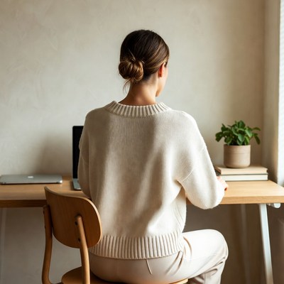 Woman working at desk from behind