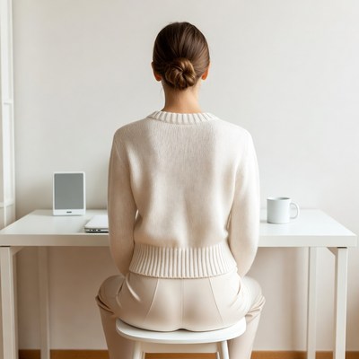 Woman in white sweater at desk
