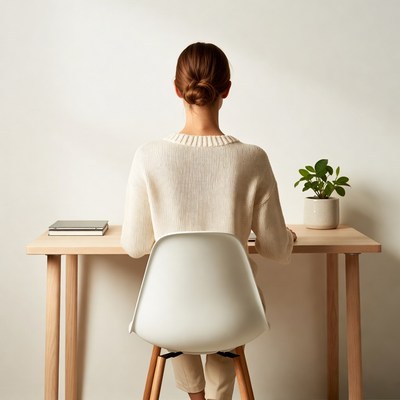 Woman sitting at desk from behind