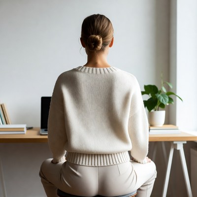 Woman working at desk from behind
