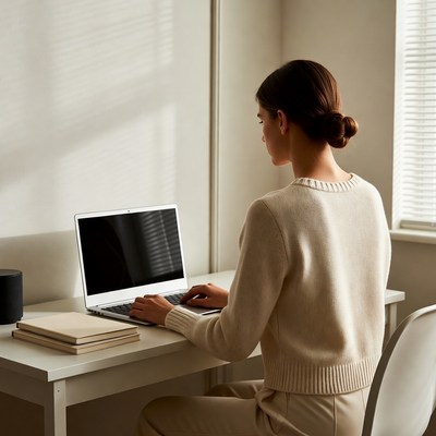 Woman working on laptop at desk