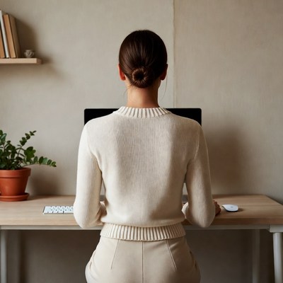 Woman working at desk from behind