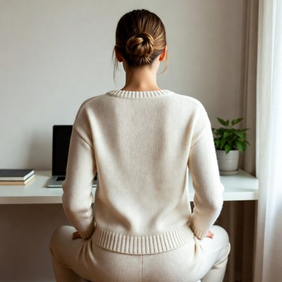 Woman in white sweater working at desk