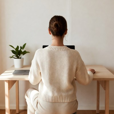 Woman working on laptop from behind