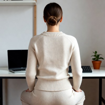 Woman in white sweater working at desk