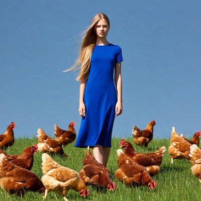 Blonde woman in blue dress with chickens