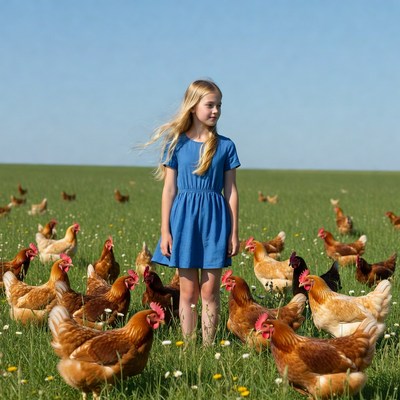 Girl surrounded by chickens in field