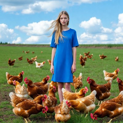 Blonde woman surrounded by chickens
