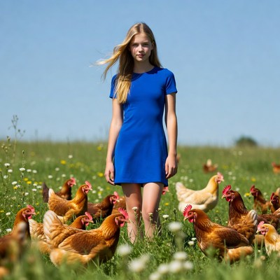 Blonde girl with chickens in field