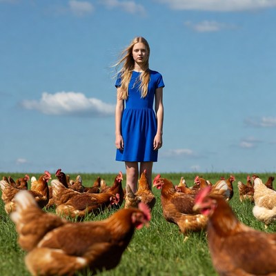 Blonde woman standing among chickens