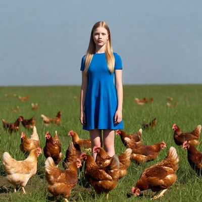 Blonde girl surrounded by chickens