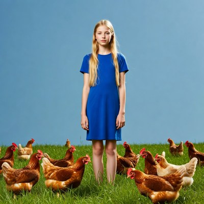 Blonde girl surrounded by chickens