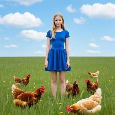 Blonde girl with chickens in field