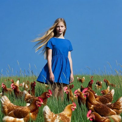 Blonde girl surrounded by chickens
