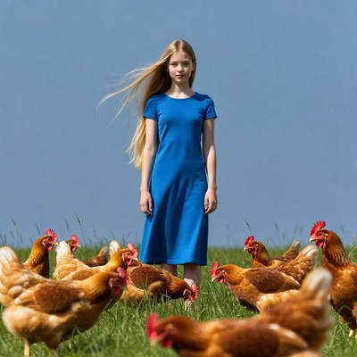 Blonde girl surrounded by chickens