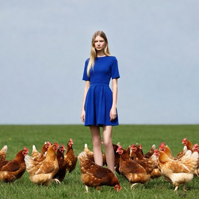 Blonde woman surrounded by chickens