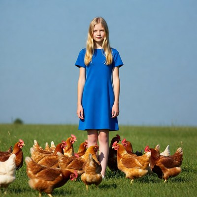 Blonde girl surrounded by chickens