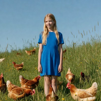 Blonde girl with chickens in field