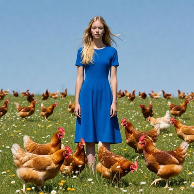 Blonde woman standing among chickens