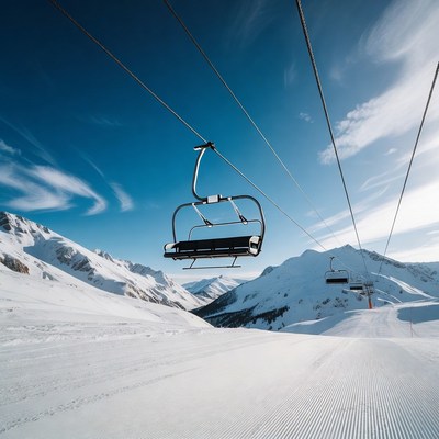 Ski Lift Chair Over Snowy Mountains