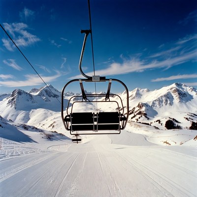 Empty ski lift over snowy mountains