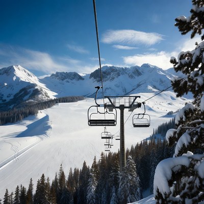 Ski Lift Chairs over Snowy Mountains