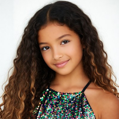 Young girl in sequin dress smiling