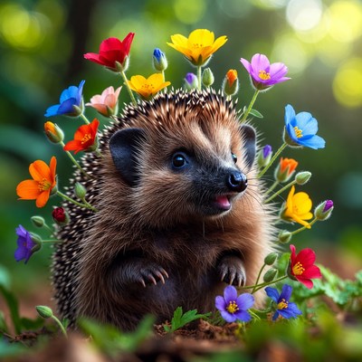 Hedgehog covered in colorful flowers