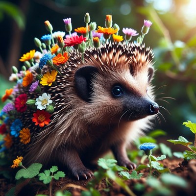 Hedgehog covered in colorful flowers