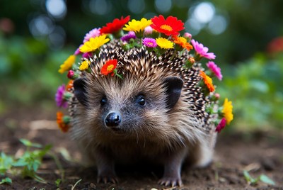 Hedgehog wearing colorful flowers