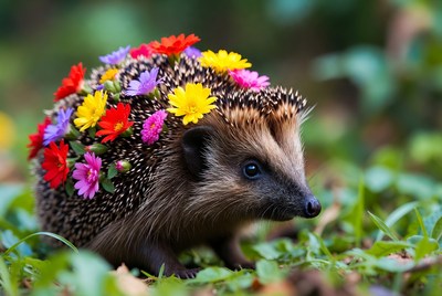 Hedgehog with colorful flowers