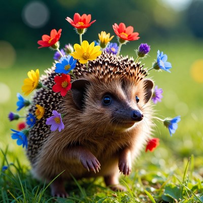 Hedgehog covered in colorful flowers