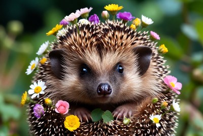 Hedgehog with colorful flowers