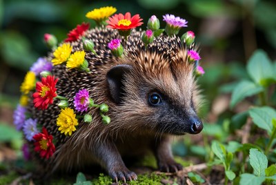 Hedgehog covered in colorful flowers