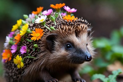 Hedgehog covered in colorful flowers