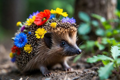 Hedgehog covered in colorful flowers