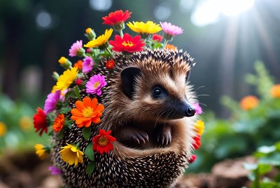 Hedgehog covered in colorful flowers