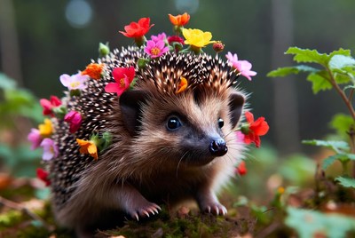 Hedgehog covered in colorful flowers