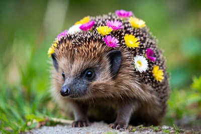 Hedgehog with colorful flowers