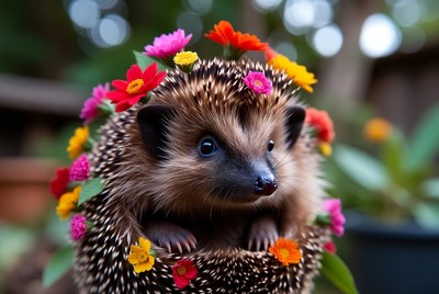Hedgehog wearing colorful flowers
