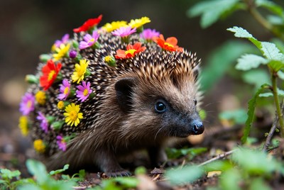 Hedgehog covered in colorful flowers