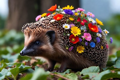 Hedgehog covered in colorful flowers