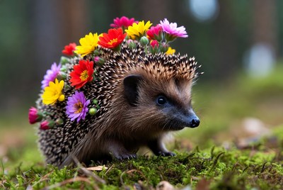 Hedgehog with colorful flowers