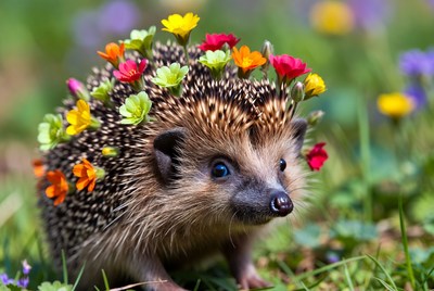 Hedgehog covered in colorful flowers