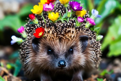Hedgehog with colorful flowers