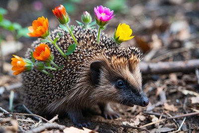 Hedgehog with colorful flowers